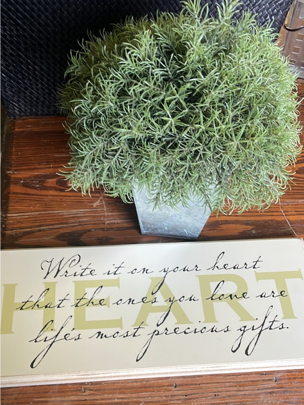 Heart Text Wall Art Sign in Sage and Black and faux plant in silver pot